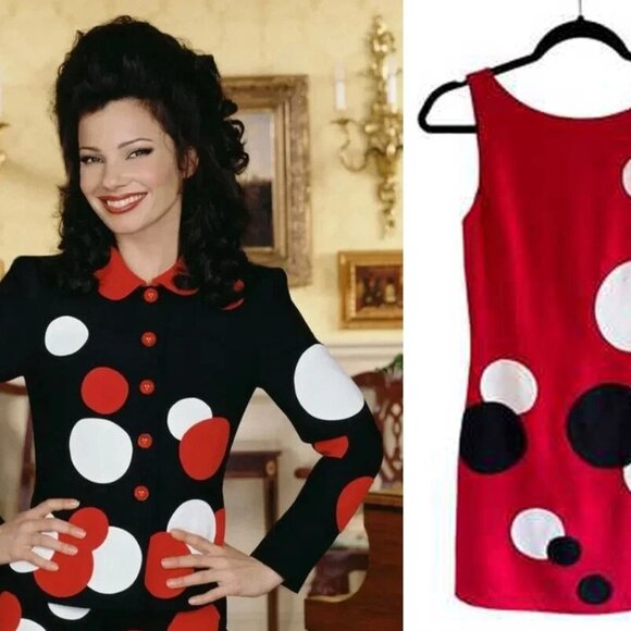 Moschino RED BLACK WHITE CIRCLE POLKA DOT DRESS FRAN NANNY USA 10 IT44 - Picture 2 of 14